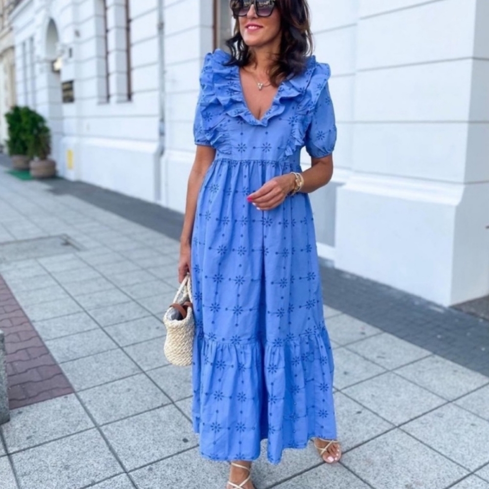 Zara * openwork embroidered dress boho flowy blue size xs - Picture 1 of 11